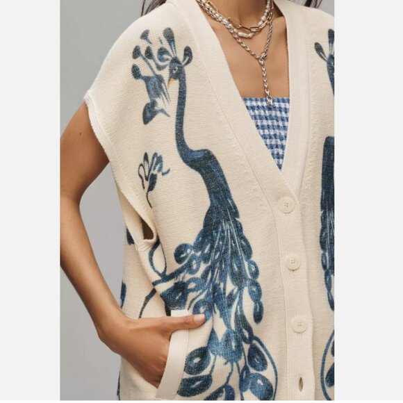 Anthropologie Maeve V-Neck Peacock Graphic Sweater Vest Cardigan Size M NWT Bird - Picture 1 of 5